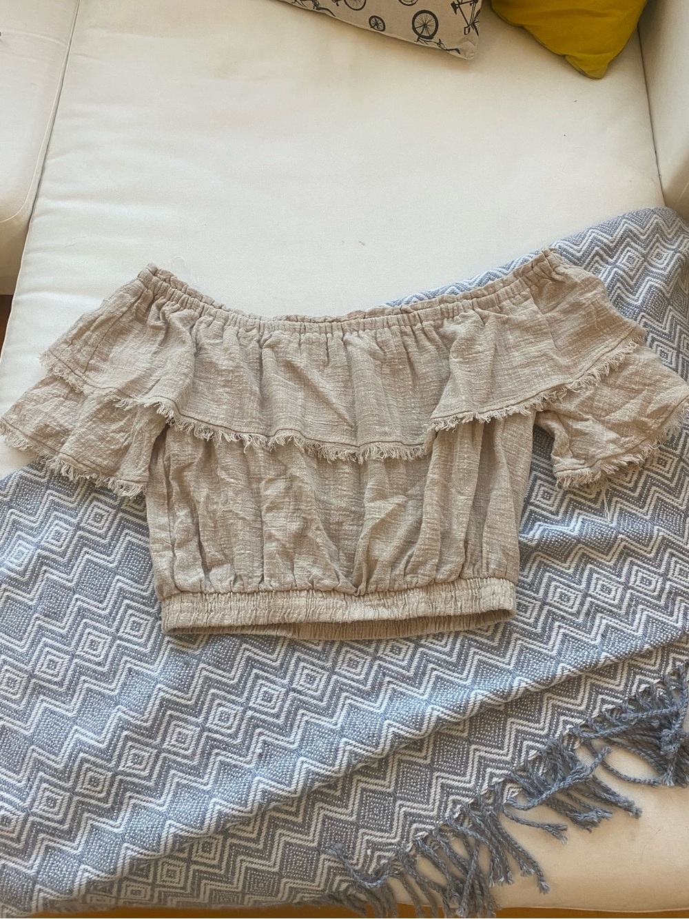 Talulah off shoulder ruffle crop top beige size large